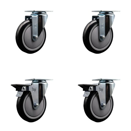 Service Caster 5'' Black Poly Wheel Swivel Top Plate Caster Set with 2 Posi Brakes, 4PK SCC-20S514-PPUB-BLK-2-PLB-2